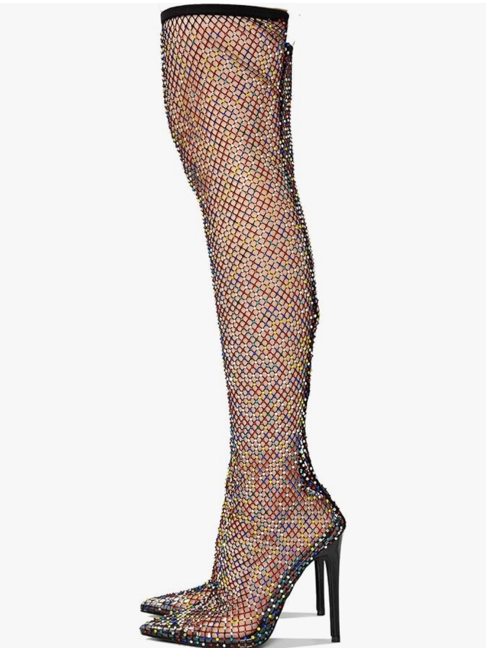 Fishnet Boots , Rhinestone  Thigh-High Boots - Multicolor - Picture 2 of 4